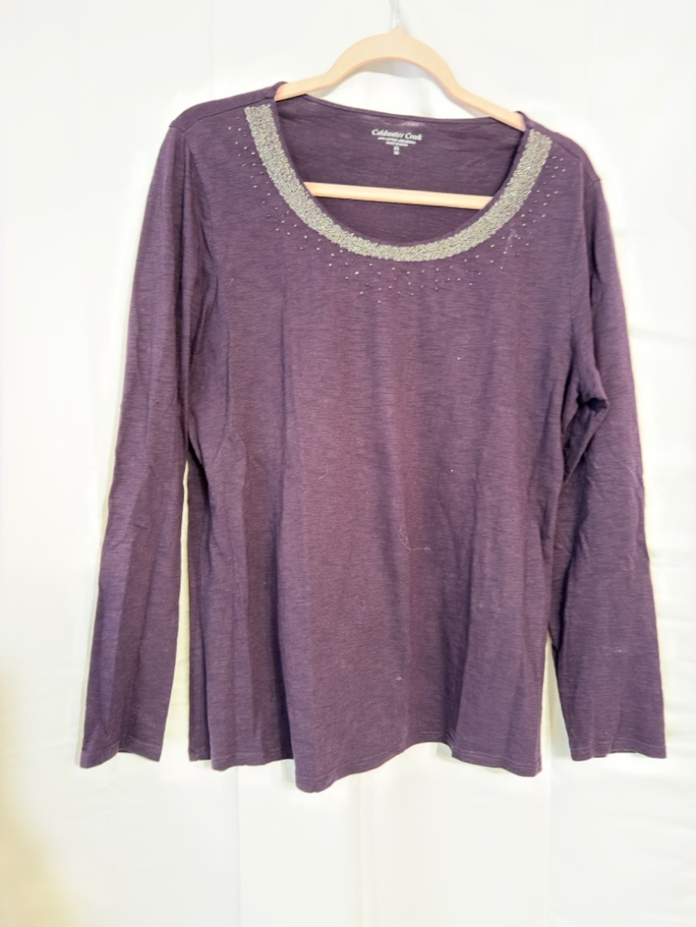 Cold water Creek Long-Sleeve Scoop Neck Top with Beaded Trim